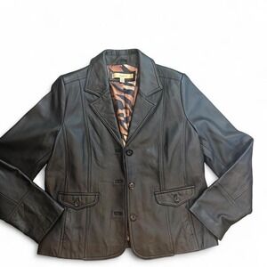 Motto Black Genuine Leather Blazer Animal Print Lining Y2K Medium